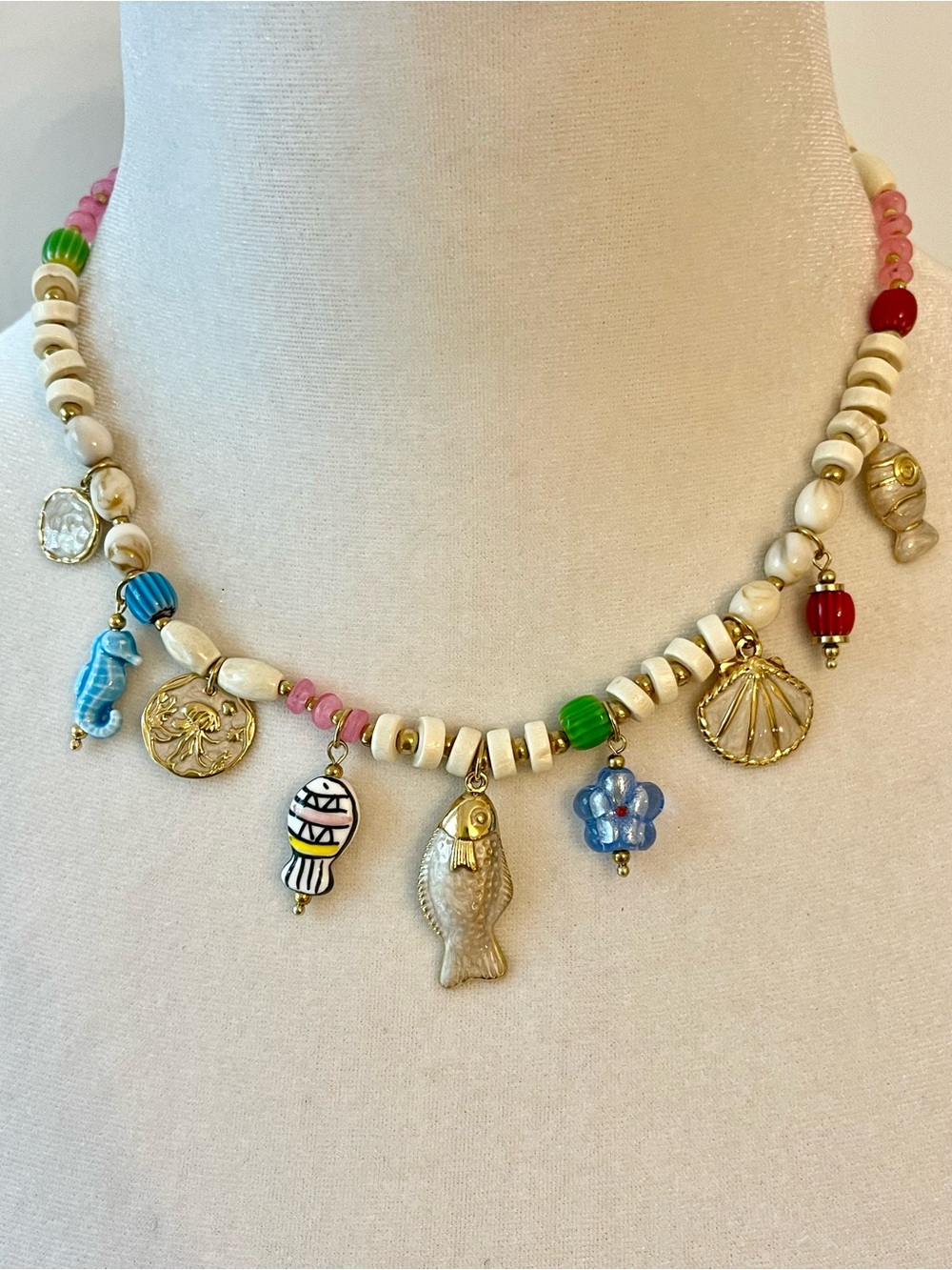 Wood, Ceramic and Stainless Steel Charm Beaded Necklace - Sea Beach Themed